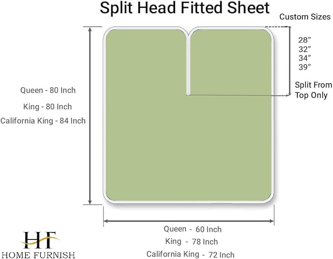 Top Split King Fitted Sheet Only for Adjustable beds, Split Down 32 inches from The Top, 600 Thread Count 100% Cotton Half Split Flex Head Fitted Sheet for Sleep Number Beds, Sage