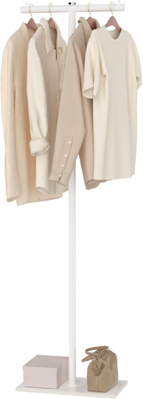 T-shaped Coat Rack Freestanding, Modern Clothes Rack with Rock Slab Base, Heavy-duty Metal Coat Tree for Boutiques, Hallway, Entryway, 68.9 Inches High, White, GYJ001W