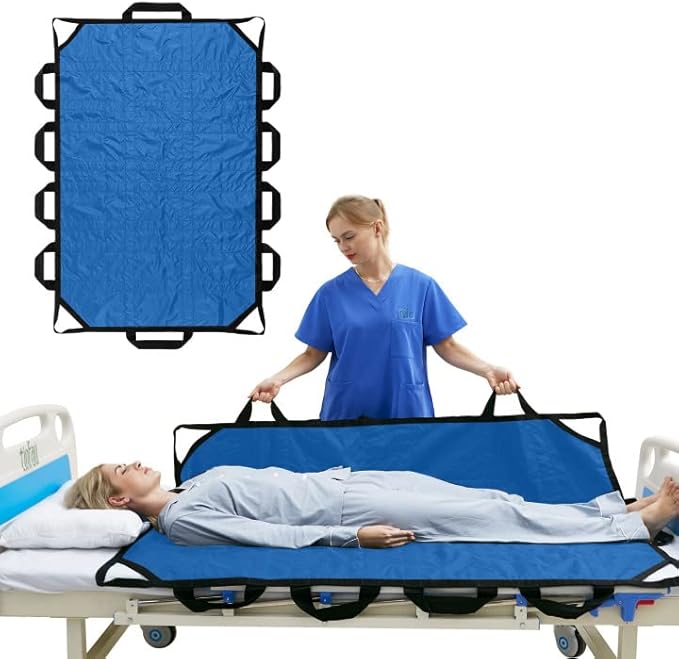 Bed Positioning Pad with Reinforced Handle 70" X 40" Multipurpose Waterproof Transfer Sheet for Turning Lifting & Sliding Reusable Washable Patient Positioning Sheet for Bedridden Caregiver Light Blue