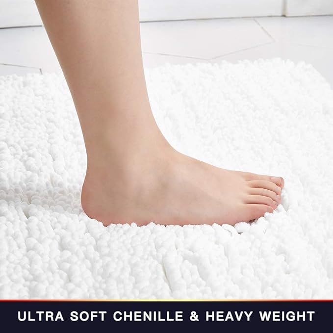 Walensee Bathroom Rug 2 Pieces Set Non Slip Bath Mat (20"x32" Plus 20"x24" U White) Water Absorbent Super Soft Shaggy Chenille Machine Washable Dry Extra Thick Perfect Carpet for Shower Floor