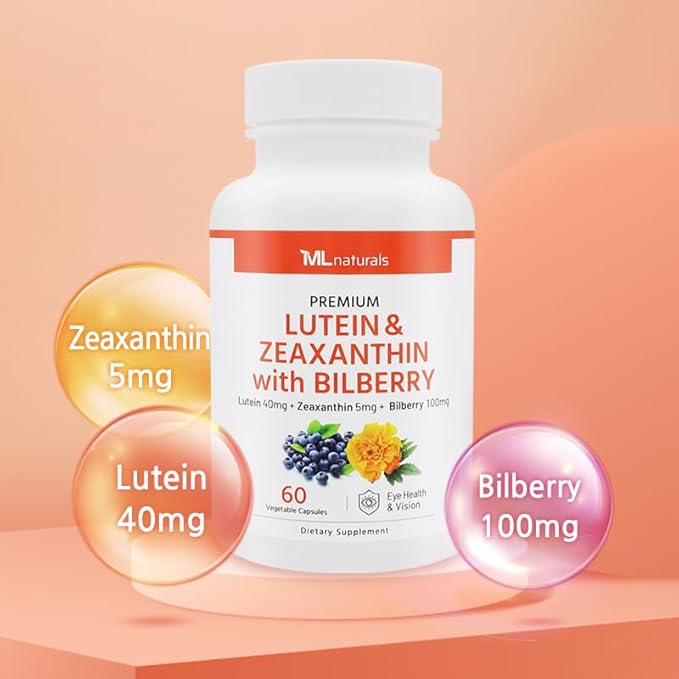 ML Naturals Premium Lutein & Zeaxanthin with Bilberry 60 Vegetable Capsules. Lutein 40 mg, Zeaxanthin 5 mg, and Bilberry 100 mg. Healthy Eyes & Vision, NSF-Certified & cGMP-Compliant Facility