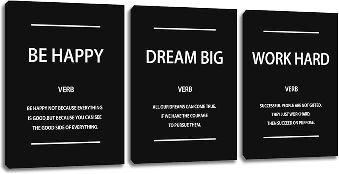 Unbruvo Motivational Office Wall Art, 3 Pieces Inspirational Canvas Wall Art, Dream Big Be Happy Work Hard Prints Poster Wall Decor for Living Room BedRoom Dorm(72" Wx36 H)