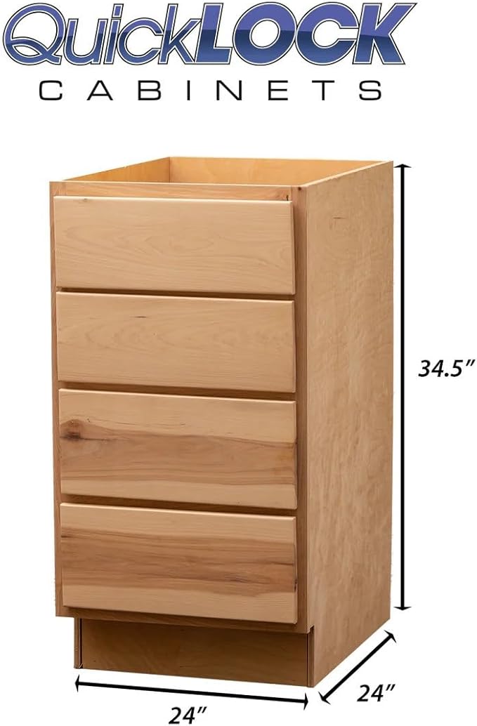 Quicklock RTA (Ready-to-Assemble) | Base Kitchen Cabinets - Shaker Style | Made in America (Raw Hickory, 24" Wx34.5 Hx24 D 4 Drawer)