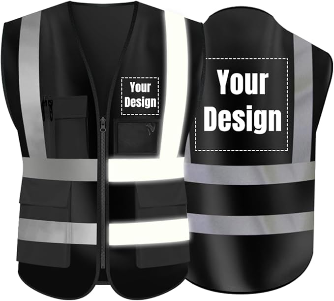 YOWESHOP High Visibility Safety Vest Custom Your Logo Protective Workwear 5 Pockets With Reflective Strips Outdoor Work Vest (Black (L))