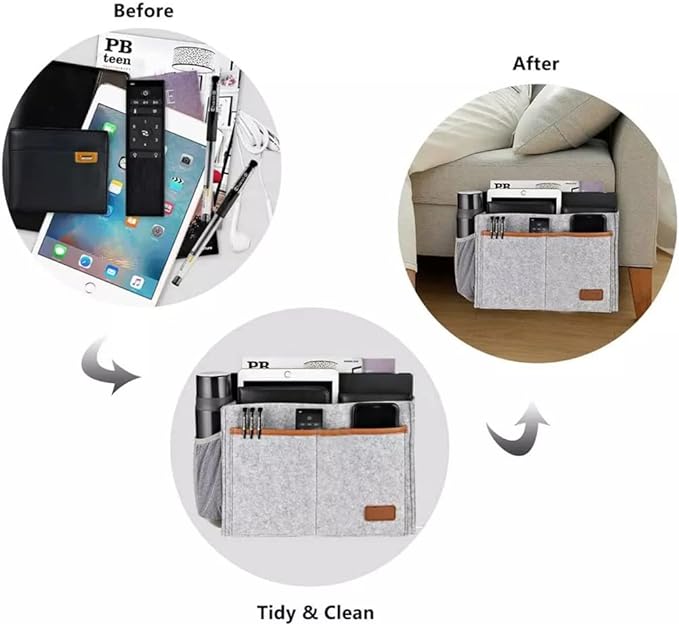 Bedside Caddy,Felt Bedside Storage Organizer, Hanging Storage for Dorm Bed Sofa for tablet Magazine Phone Remotes and Water Bottle Holder (Black)