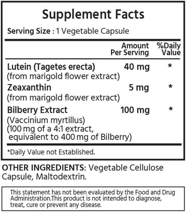 ML Naturals Premium Lutein & Zeaxanthin with Bilberry 120 Vegetable Capsules. Lutein 40 mg, Zeaxanthin 5 mg, and Bilberry 100 mg. Healthy Eyes & Vision, NSF-Certified & cGMP-Compliant Facility