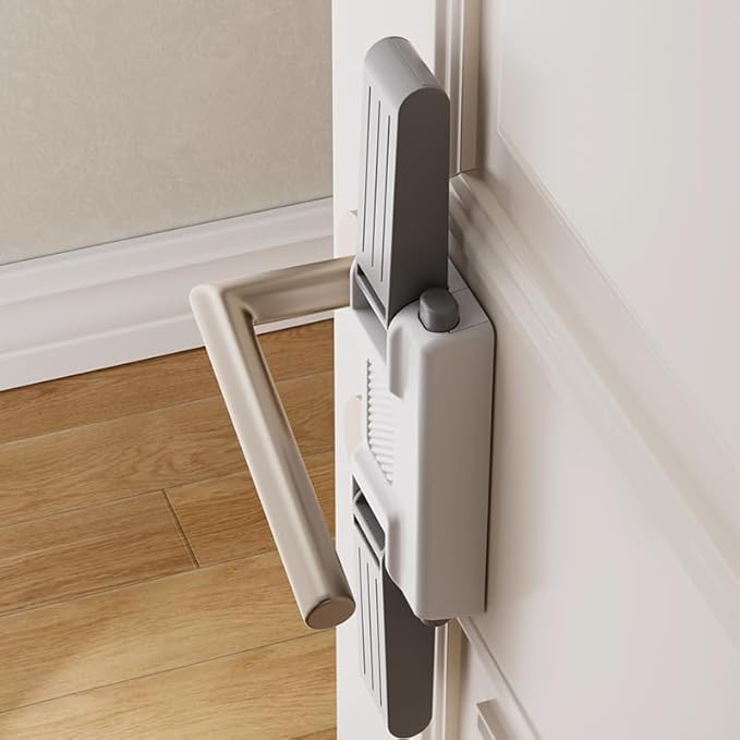 YEYA Upgrade Child Safety Door Handle Lock, White Universal Fit Lever Locks with Stong 3M Adhesive Backing, 1-Pack Toddler Proof Safety Locks for Indoor Doors, Dual-Button Security & Easy Installation