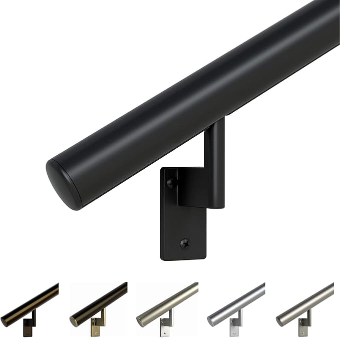 Promenaid 4ft Flush Handrail Kit - Black - Complete Indoor/Outdoor Handrail for Stairs - 1.6" Round Anodized Aluminum Railing with 2 Satin Black Painted Pivoting Wall Brackets & Flush Endcaps