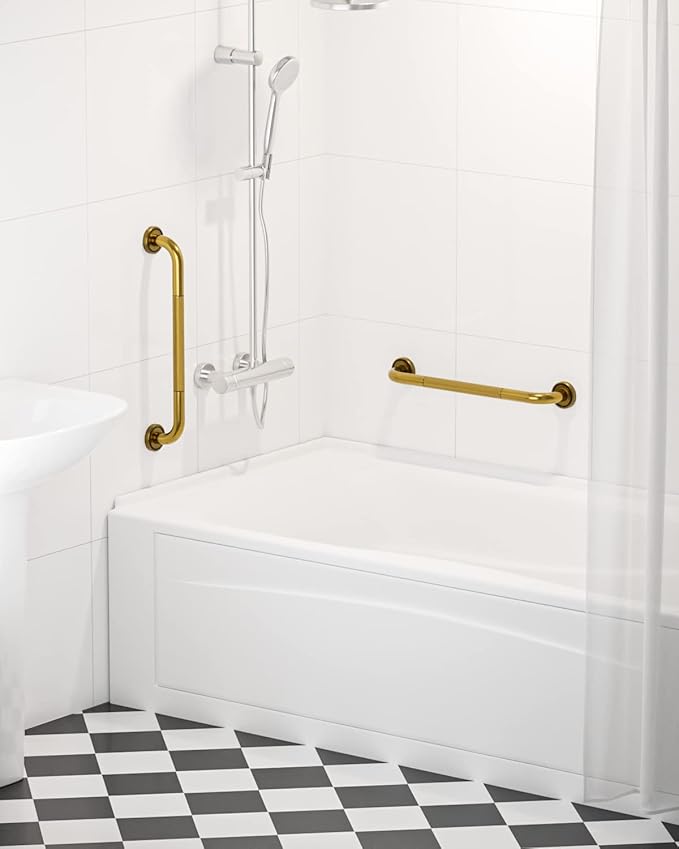 20 Inch Bronze Shower Grab Bar Gold, Munzong Antique Brass Bathroom Grab Bar w/Anti-Slip Knurled Grip, Bathroom Balance Bar, Safety Bath Handrail Support, Handicap Injury Elderly Senior Assist Handle