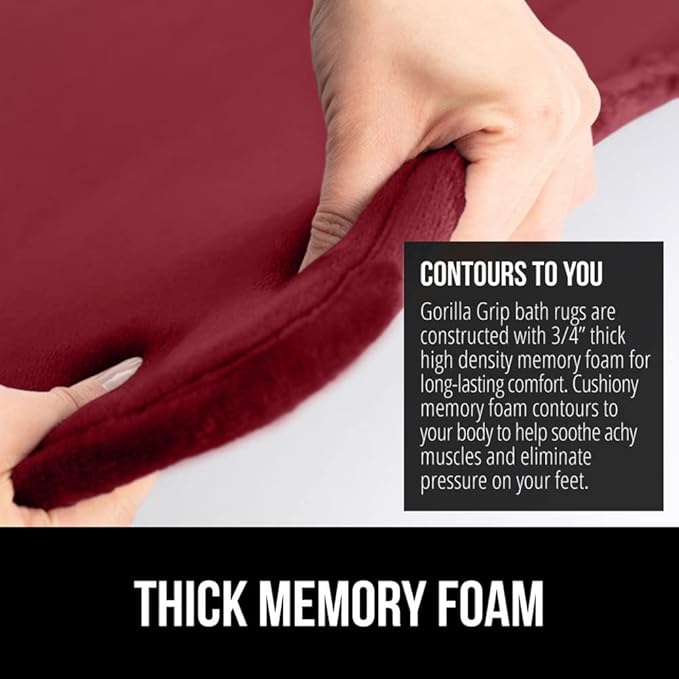 GORILLA GRIP Memory Foam Bath Mat, Soft Absorbent Velvet Bathroom Mats, Durable Dots on Underside, Machine Washable Bathmat, Carpet Rug Room Decor for Shower Tub Floor RV, 24x17 Rugs, Burgundy