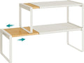 SONGMICS HOME Spice Racks, Expandable Cupboard Shelf Orgnizers, Kitchen Counter Shelves, Bamboo and Metal, Space-Saving Shelving, Stackable, Light Bamboo and Cream White UKCS051N01