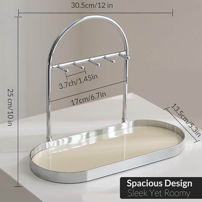 Shinpuru Metal Jewelry Organizer Stand & Key Holder Tray with Acrylic Base, Key Stand and Jewelry Tray with 5 Hooks, Perfect Key Bowl, Valet Key Tray, Ring Holder, Jewelry Dish (Silver Creamy)