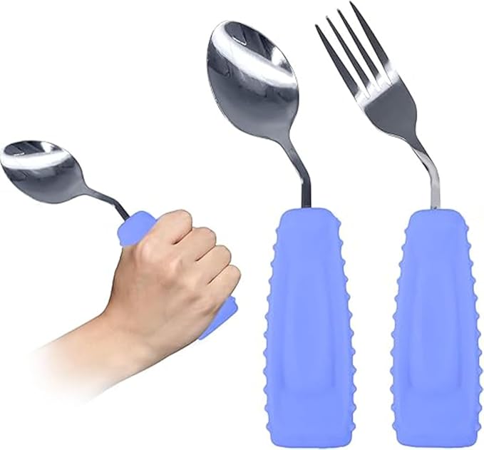 Adaptive Utensils,Weighted Angled Silverware,Parkinsons Aids,Angled Silverware Spoon and Fork Set for Elderly, Arthritis, Dementia, Disable, Handicapped Hands (Right Hand,Pack of 2,Purple)