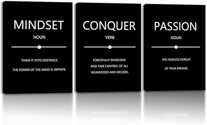 Unbruvo Motivational Wall Decor for Office, 3 Pieces Inspirational Canvas Wall Art, Mindset Passion Conquer Canvas Poster, Positive Quotes for Entrepreneur Meeting Room Lobby Bedroom(60''Wx 28''H)