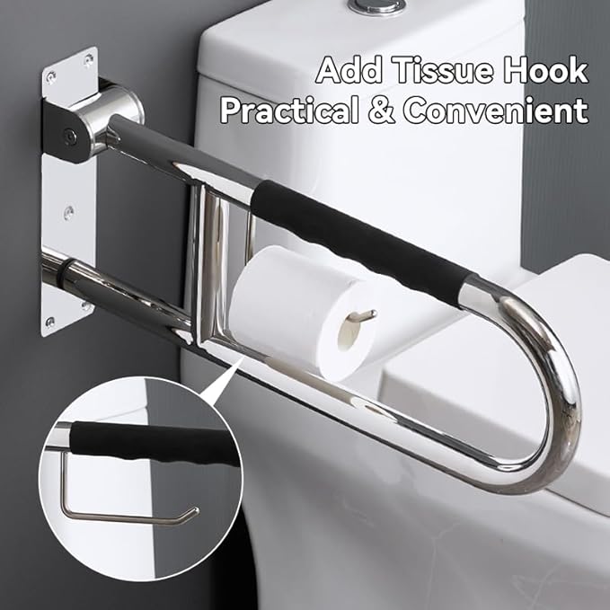 31 Inch Toilet Grab Bar, Flip-UpSafety Rail with Soft Silicone Anti-Slio Finger-Grio Handle andPaper Holder, Stainless Steel u-Shaped Support Bar for ElderlyDisabled, Polished Chrome