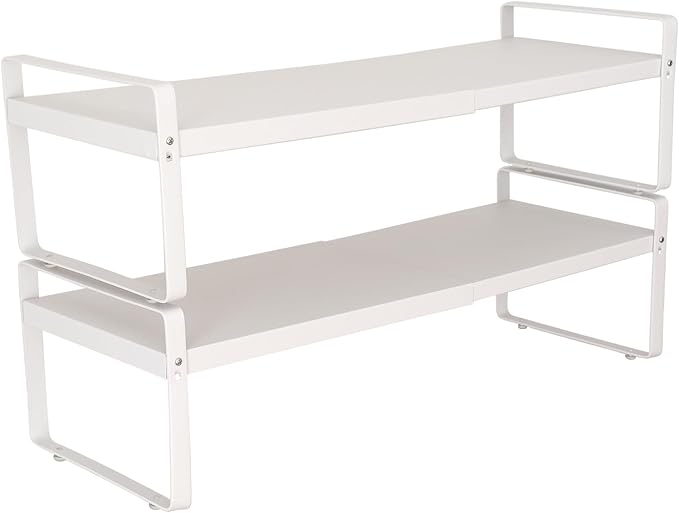 Set of 2 White Kitchen Countertop Shelves, Expandable Cabinet Shelf Organizers, Stackable Metal Pantry Storage Shelves for Spice Rack, Cupboard