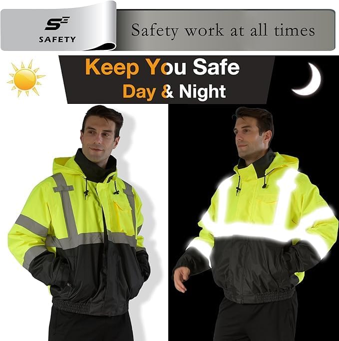sesafety High Visibility Reflective Jackets for Men Waterproof, 3 In 1 Hi-Vis Reflective Winter Bomber Safety Rain Coat with Zipper Sweater, Construction