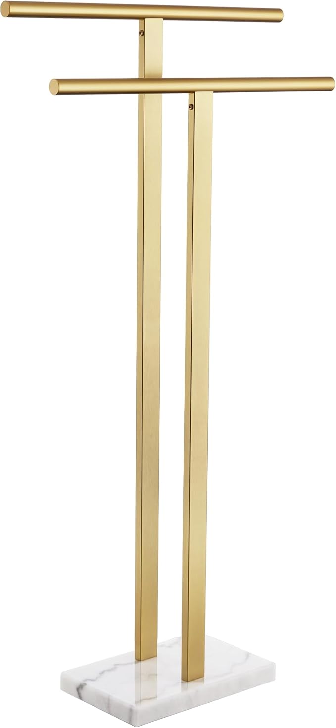 KOKOSIRI Standing Towel Rack for Bathroom Floor 2-Tier Towel Holder Free Stand with Heavy Marble Base Thicken Steady Design Gold Stainless Steel THS0005-BG