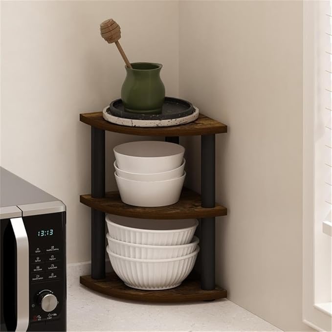 Pemberly Row 3-Tier Corner Countertop Organizer Shelf in Amber Pine/Black