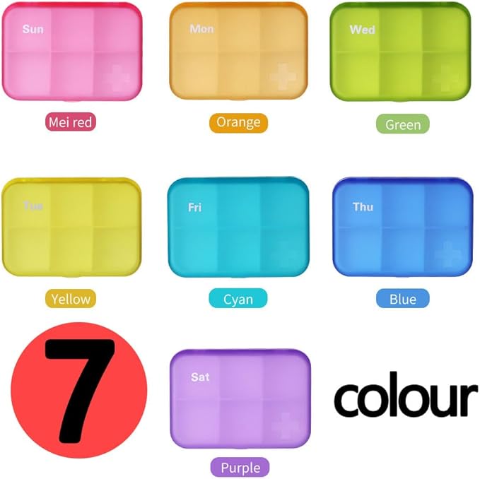 7 Piece Set Pill Organizer 6 Times a Day, Weekly Pill Case, Pill Organizer with Labels, Travel Pill Dispenser 7 Day with 42 Copartments for Medication/Vitamin/Fish Oil/Supplements - Rainbow Colors