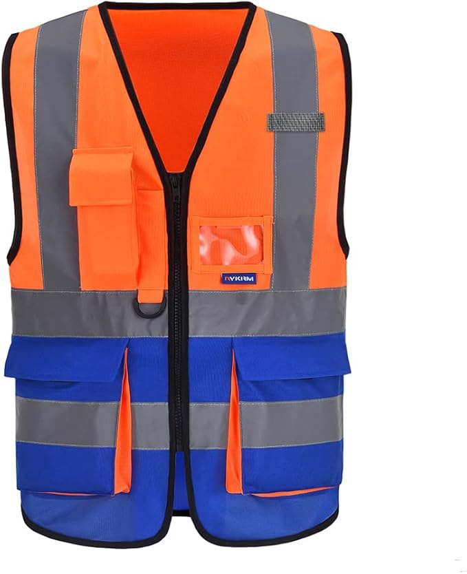 Orange Blue 4XL 5XL High Visibility REFLECTIVE WORK Safety Vest with zipper Reflective Strips 7 Pockets