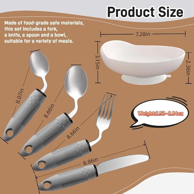 4Pcs Weighted Adaptive Utensils for Hand Tremors & Spill-Proof Scoop Plate with Suction Base – Practical Living Aids & Gifts for People with Parkinson's, Dementia, MS, Elderly & Disabled Adults