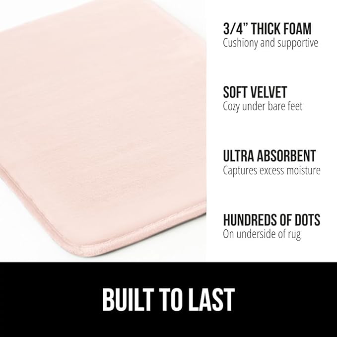 GORILLA GRIP Memory Foam Bath Mat, Soft Absorbent Velvet Bathroom Mats, Durable Dots on Underside, Machine Washable Bathmat, Carpet Rug Room Decor for Shower Tub Floor RV, 24x17 Rugs, Pink
