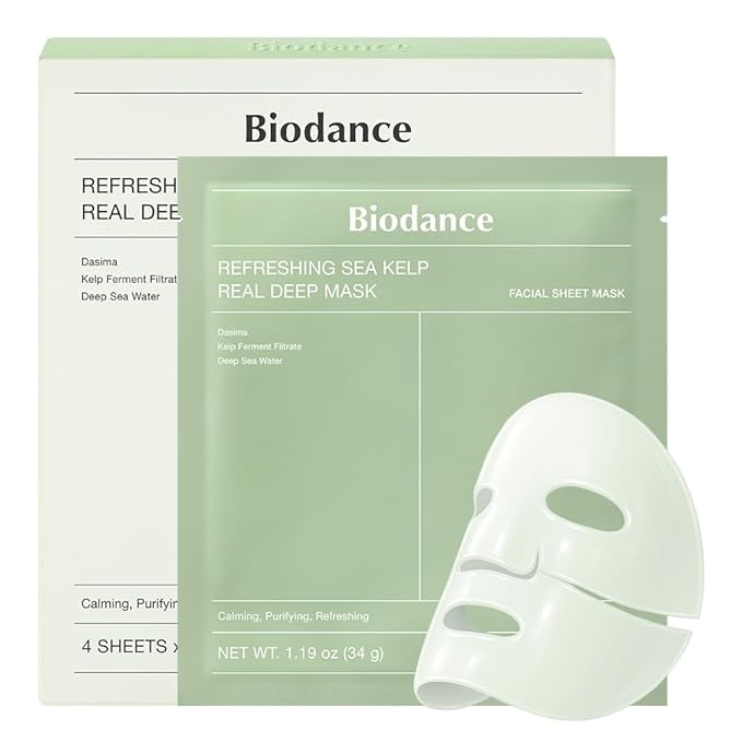 BIODANCE Refreshing Sea kelp Real Deep Mask, Overnight Hydrogel Mask, Calming, Oil & Sebum Control, Blemish Care, Korean Skin Care, Gifts for Women | 1.19oz(34g) x 4ea
