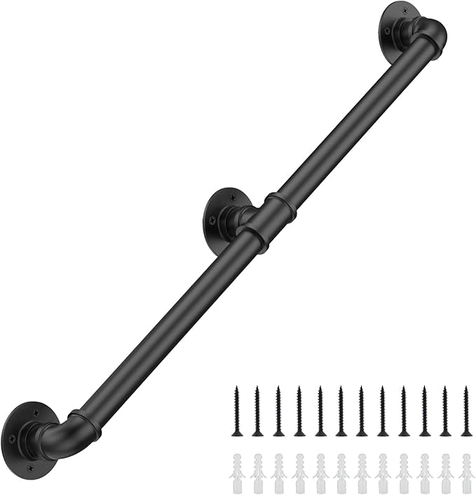 5FT Industrial Stair Railing Wall Mount Staircase Handrail φ1.3 Pipe Hand Rail for Steps Grab Bar Foot Rail Vintage Pipe Railing Black Deck Handrail for Outdoor Indoor Stairs Porch