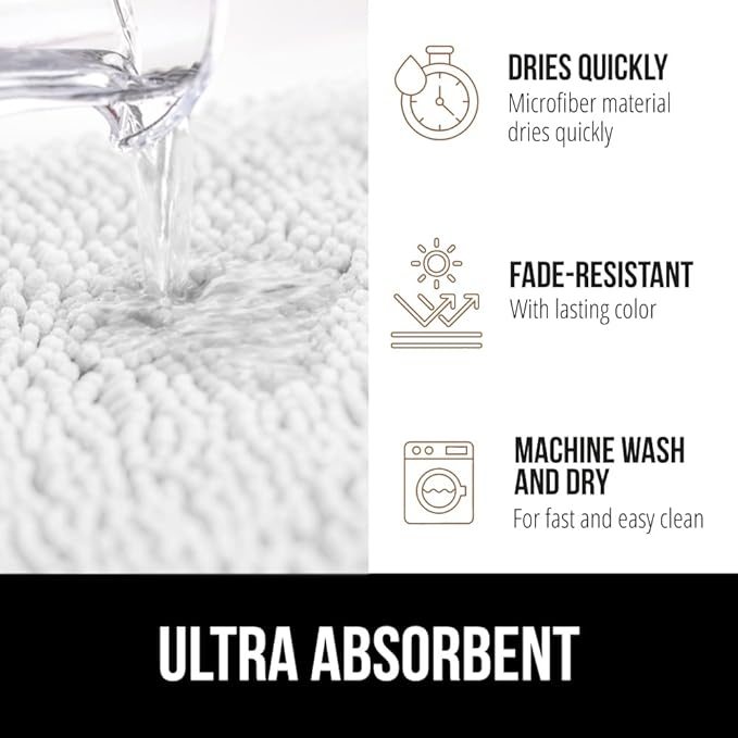 GORILLA GRIP Bathroom Rug Sets 3 Piece, Bath Mat Set and Oval Toilet Base with Rubber Backing, Plush Absorbent Shaggy Chenille Washable Mats, Includes 24x19.5, 24x17 and 30x20 Inch Rugs, White