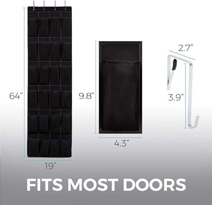 HOME GENIE Over the Door Hanging Shoe Organizer, 2 Pack, 24 Breathable Mesh Pockets, Closet Rack Storage Holder Stay in Place Hooks Hang on Closets, Hanger Holds Up to 40 lbs, Shoes, Accessories Black