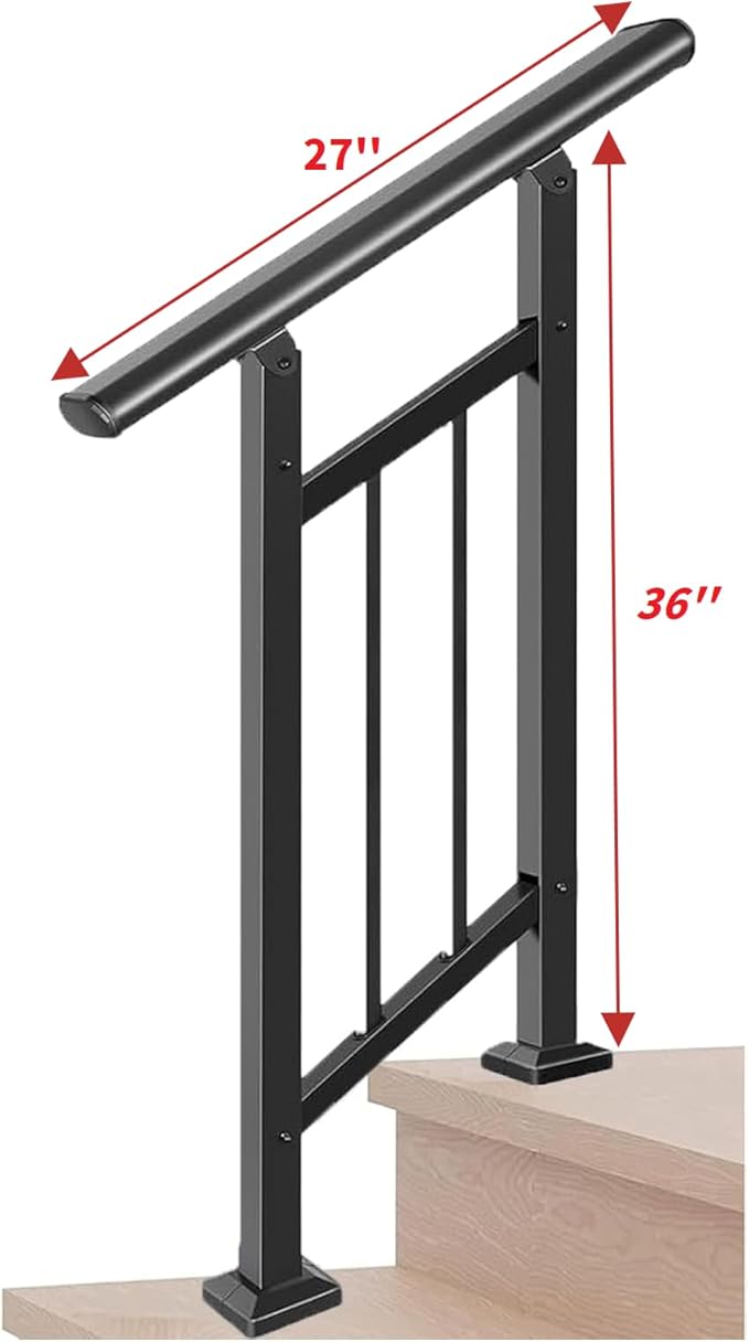 Metty Metal Handrails for Outdoor Steps Suitable for 1 to 2 Steps- Wrought Iron Stair Railing- Step Steady with 2 Feet Handrailing- Safe Indoor Home Banisters (Black with Balusters)