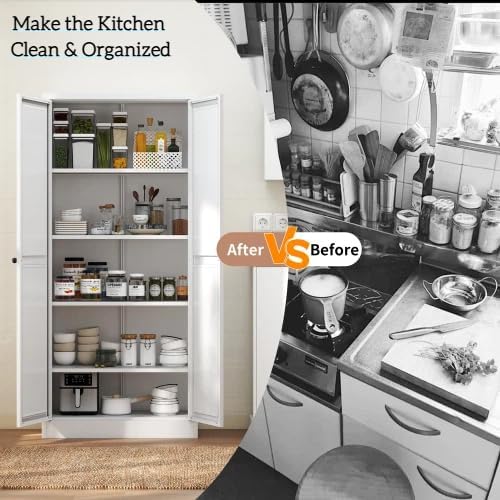 61'' Storage Cabinet, 4 Adjustable Shelves Kitchen Pantry with 2 Doors, Tall White Metal Storage Cabinet with External Hooks, Heavy-Duty Farmhouse Pantry for Kitchen Living Room