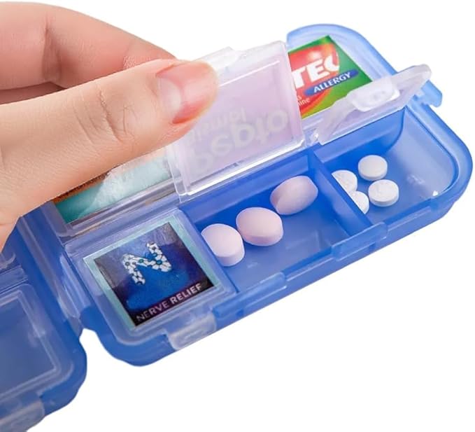Pill Organizer with Medicine Labels Travel Daily Pill Container Mini Medication Organizer Storage Pill Organizer Travel Essentials Pill Case 7 Day (Blue & 161 Lables)