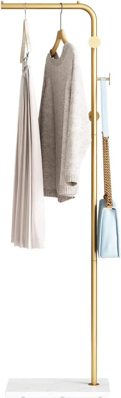 Gold Coat Rack with White Base, Freestanding Entryway Rack with 3 Hooks, L Shape Home Coat Hanger for Jackets, Hats, Clothes