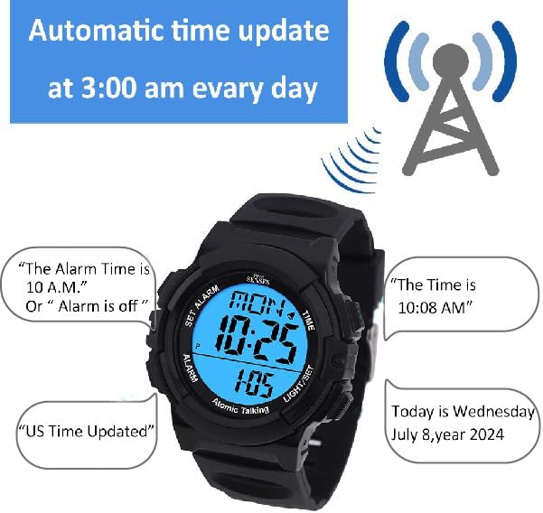 Five Senses Atomic English Talking Watch for Seniors Men and Women Talking with Day-Date Loud Alarm Clock Visually Impaired (Black)