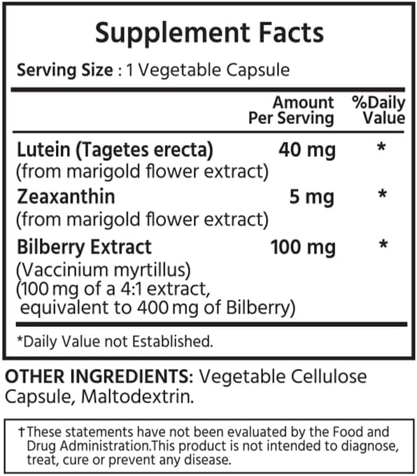 ML Naturals Premium Lutein & Zeaxanthin with Bilberry 60 Vegetable Capsules. Lutein 40 mg, Zeaxanthin 5 mg, and Bilberry 100 mg. Healthy Eyes & Vision, NSF-Certified & cGMP-Compliant Facility