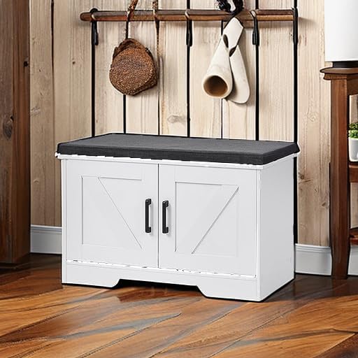 2-Tier Storage Bench, 27.6" Wide Shoe Bench with Padded Seat Cushion, Entryway Bench with 2 Barn Doors and Adjustable Shelf, White