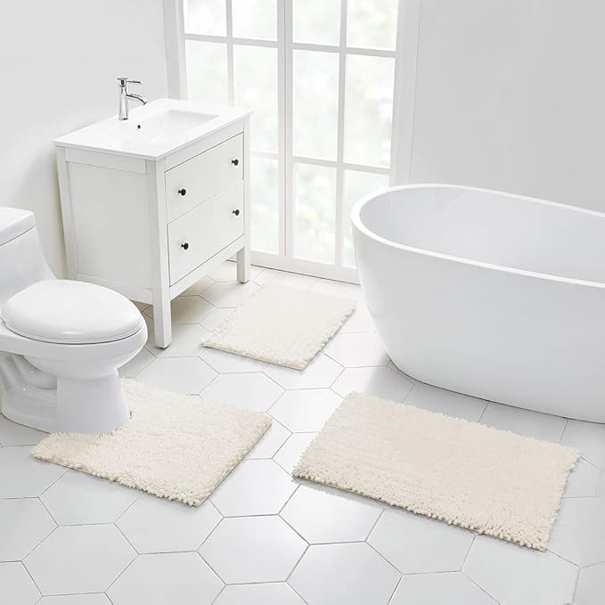 Walensee Bathroom Rug Non Slip Bath Mat (32x20 Inch Ivory) Water Absorbent Super Soft Shaggy Machine Washable Dry Extra Thick Perfect Absorbant Best Large Plush Carpet for Shower Floor