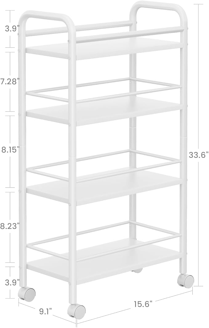 Slim Rolling Cart, 4-Tier Narrow Storage Cart with Handle, 9.1 Inches Deep, Bathroom Shelf for Small Spaces, Kitchen, Dining Room, Living Room, Laundry Room, White