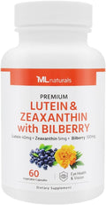 ML Naturals Premium Lutein & Zeaxanthin with Bilberry 60 Vegetable Capsules. Lutein 40 mg, Zeaxanthin 5 mg, and Bilberry 100 mg. Healthy Eyes & Vision, NSF-Certified & cGMP-Compliant Facility