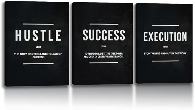 Unbruvo Hustle Success Execution Wall Art for Office, Inspirational Motivational Wall Decor, 3 Pieces Positive Quotes Canvas Wall Art for Entrepreneur Living Room Bedroom(36''Wx 16''H)