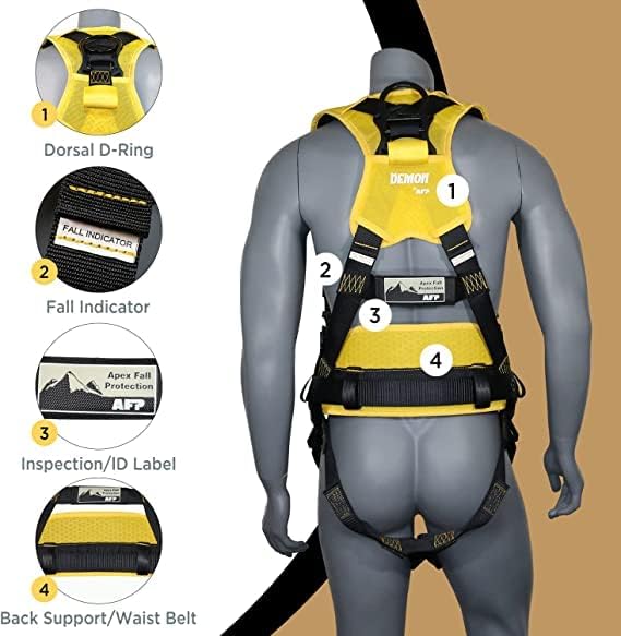 AFP Demon Comfortable Fall Protection Harness Kit – OSHA/ANSI PPE Full Body Safety Harness for Construction Work