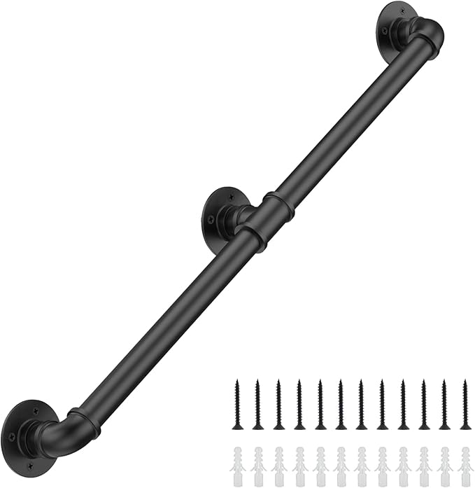 6FT Industrial Stair Railing Wall Mount Staircase Handrail φ1.3 Pipe Hand Rail for Steps Grab Bar Foot Rail Vintage Pipe Railing Black Deck Handrail for Outdoor Indoor Stairs Porch
