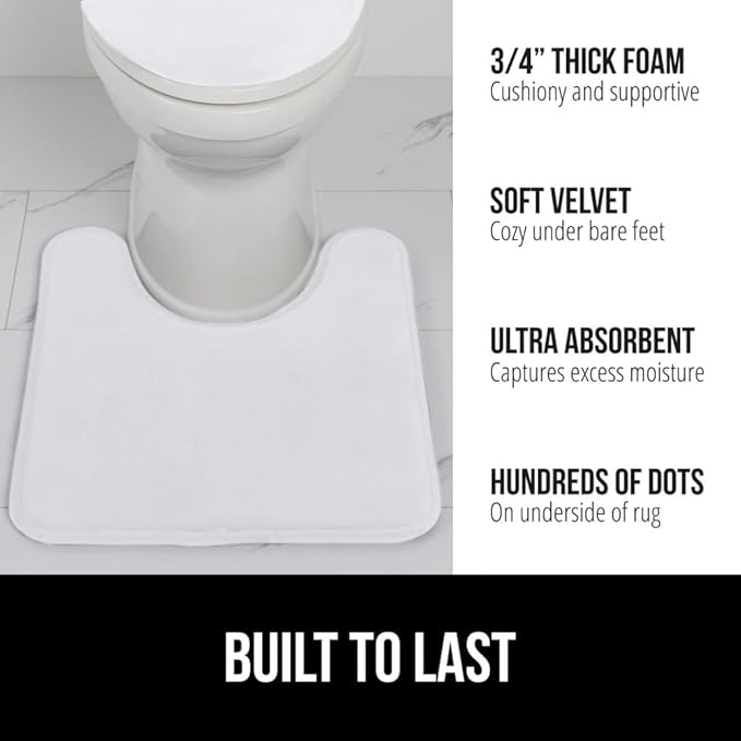 GORILLA GRIP Thick Memory Foam Toilet Rug for Bathroom, U Shaped Washable, Soft Absorbent Velvet Topside Floor Mats, Machine Wash, Cushioned Luxury Rugs for Bath Room, 22.5 x 19.5, White