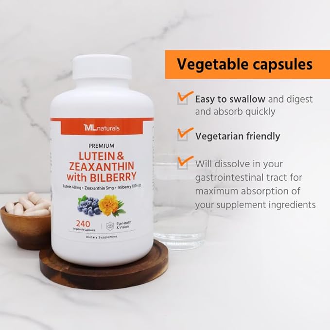 ML Naturals Premium Lutein & Zeaxanthin with Bilberry 240 Vegetable Capsules. Lutein 40 mg, Zeaxanthin 5 mg, and Bilberry 100 mg. Healthy Eyes & Vision, NSF-Certified & cGMP-Compliant Facility