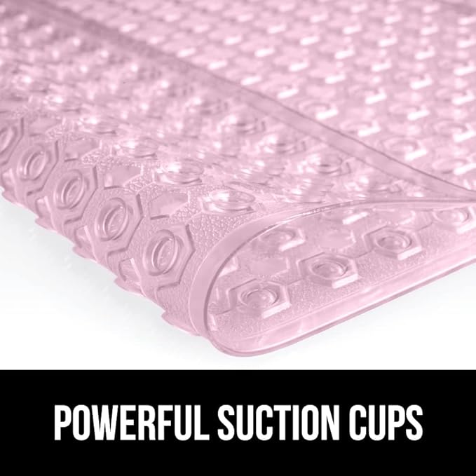 GORILLA GRIP Patented Bath Tub Shower Mat, Machine Washable Bathtub Floor Liner Mats, Suction Cups and Drain Holes to Keep Tubs Clean, Soft on Feet, Bathroom Essentials, 35x16 Inch, Clear Light Pink