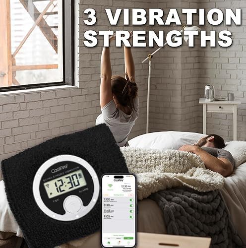 Coolfire - Vibrating Alarm Clock Sweatband, Silent Wake Yourself Up Wristband Vibrating Alarm Watch for Couples, Students, Easy to Set on User-Friendly App, Hearing Impaired, USB Chargeable (Black)