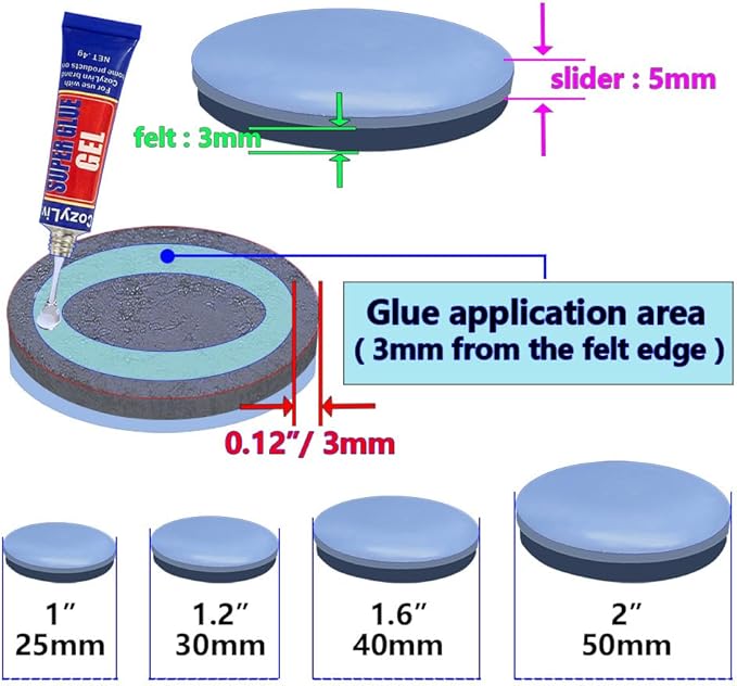 No Lost Pads! Chair Leg Glides (Felt Base) for Thick, Thin & Plush Rugs – Easy Glide, No Wrinkles, Chair Feet, Not Adhesive Backing | 40mm (1.6") Round, 16 Pcs