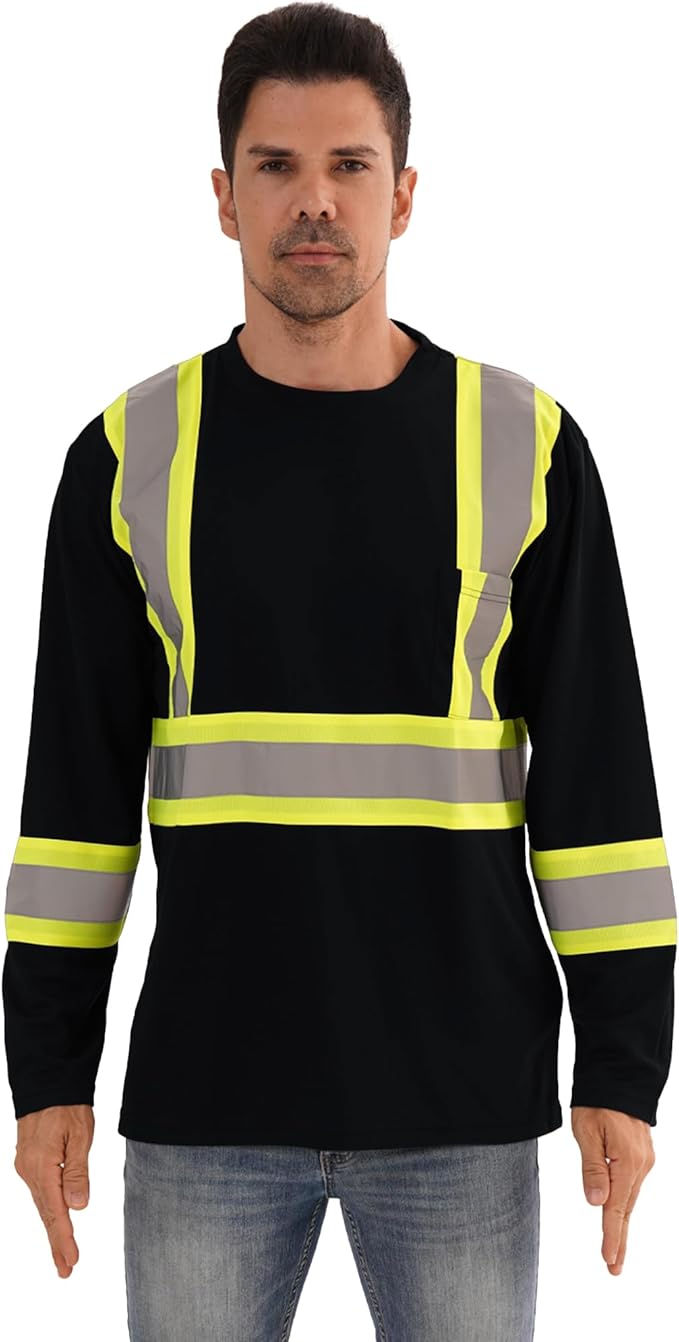 Hi Vis Safety Long Sleeve Shirts，High Visibility Class 3 T Shirts with Reflective Strips and Pocket, Quick Dry Mesh Construction Work Shirt for Men/Women (Black,L)